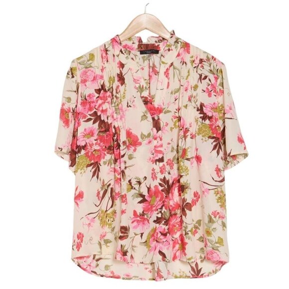 Tahari Womens Ivory Pink Floral Elbow Sleeve PinTuck Blouse Plus Sz 2X New - Picture 8 of 9